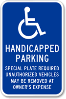 Handicapped Parking Special Plate Required Sign
