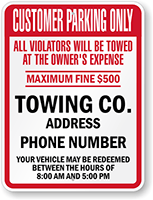 Custom Customer Parking Only, Violators Towed Sign (New York)