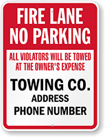 Custom Tow Away Fire Lane No Parking Sign (Washington)