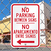 Bilingual No Parking Between Sign, Left Arrow