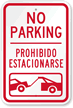 Bilingual No Parking with Car Tow Graphic Sign