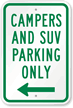 Campers & SUV Parking with Left Arrow Sign
