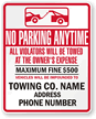 Custom No Parking  Violators Towed Fine $500 Sign
