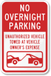 No Overnight Parking Vehicles Towed Sign