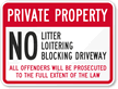 Private Property No Litter  No Blocking Driveway Sign