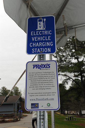 Electric vehicle charging at gas station in North Carolina