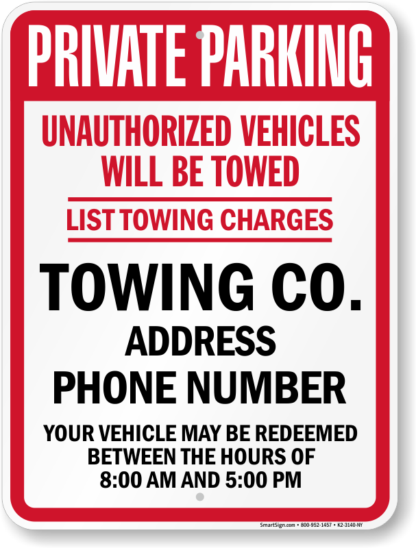 New York tow away sign with custom text