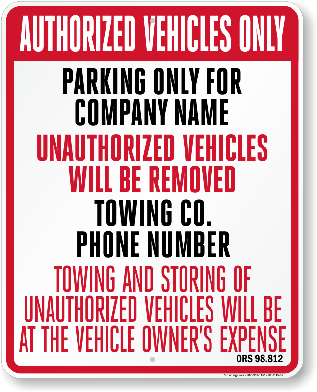 Oregon tow away sign with custom text and up to date statute
