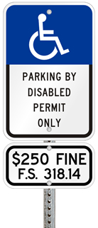 Florida ADA parking sign with parking by disabled permit and $250 fine text