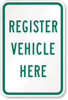 REGISTER VEHICLE HERE Sign
