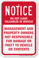 Management Not Responsible For Damage Notice Sign