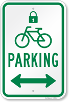 Bicycle Parking Sign with Lock Symbol and Arrow