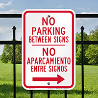 Bilingual No Parking Between Sign, Right Arrow